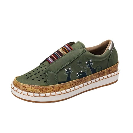 KELINFONG Womens Slip on Sneakers Low Top Flats Loafers Trendy Cute Cat Printed Elastic Walking Shoes
