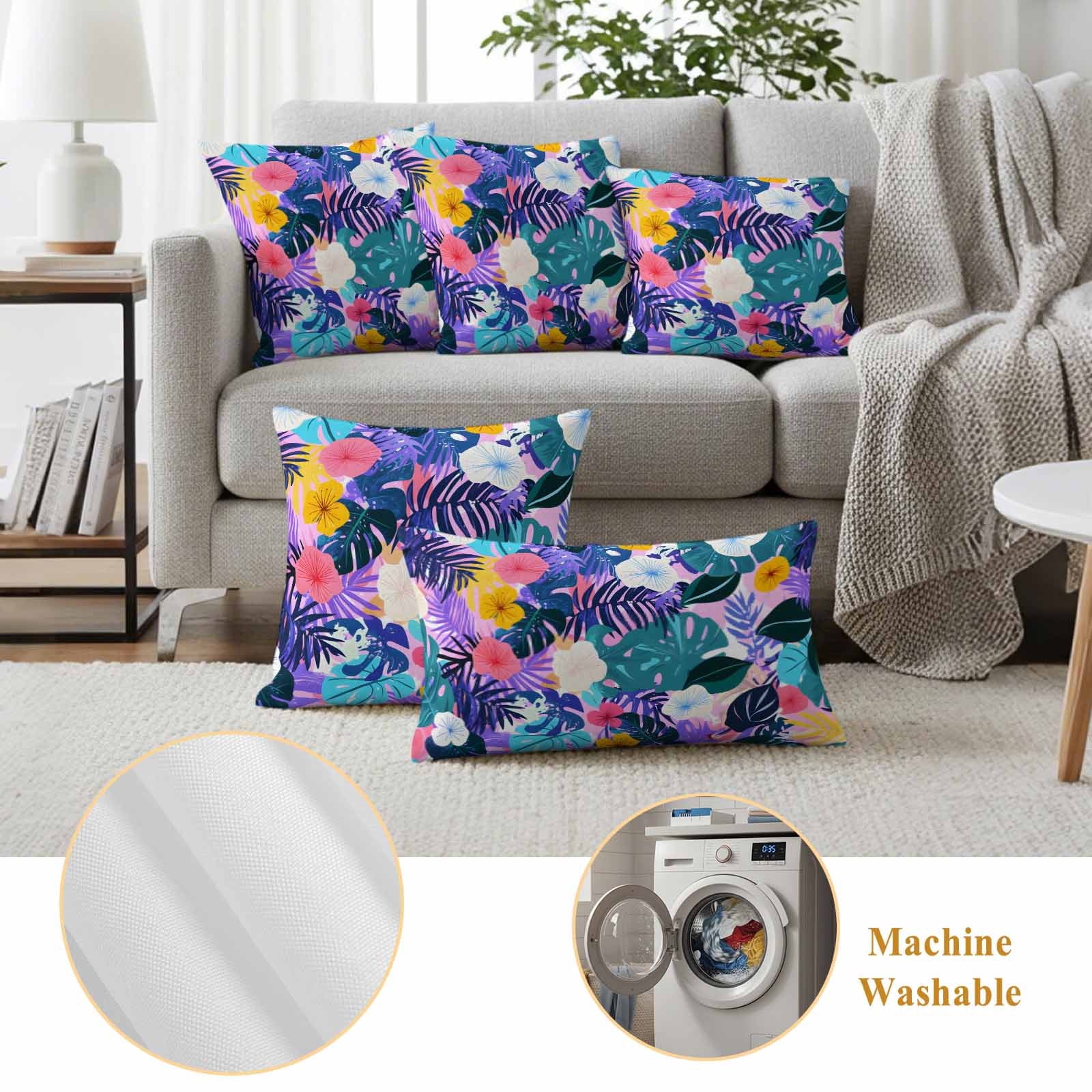 Tropical Leaf Outdoor Waterproof Pillow Covers, Purple Palm Plant Summer Flower Pastoral Decorative Square Throw Pillowcase Sofa Cushion Sham for Patio/Couch/Chair, 18"x18" 2 Pack