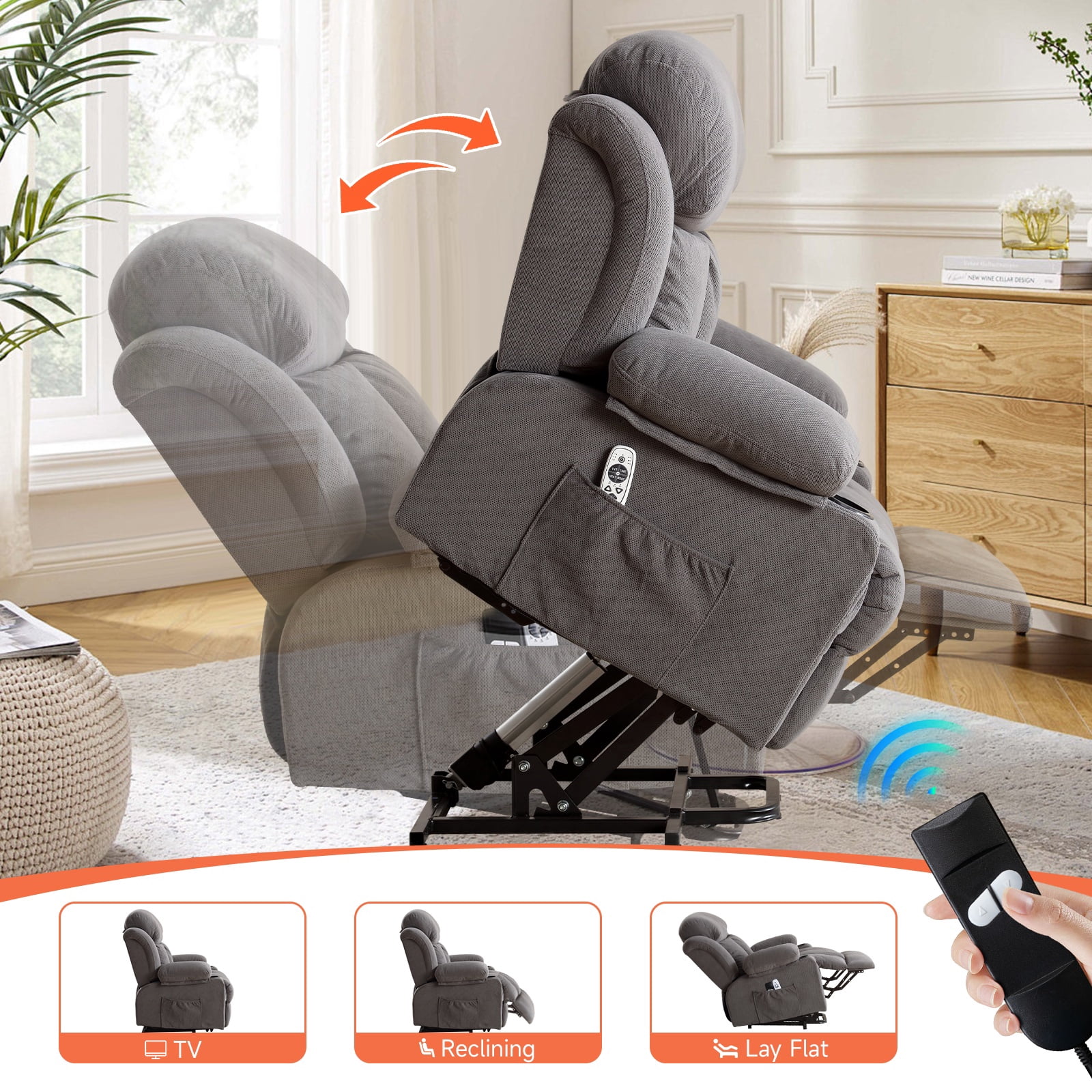 UHOMEPRO Lift Recliner Chair for Elderly and Adult, Electric Recliner with Heat and Vibration Massage, Remote Control, USB Port, Side Pockets & Cup Holders, Gray