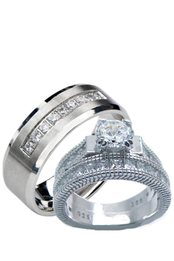His Hers Cz Engagement Wedding Ring Set Sterling Silver  Stainless Steel
