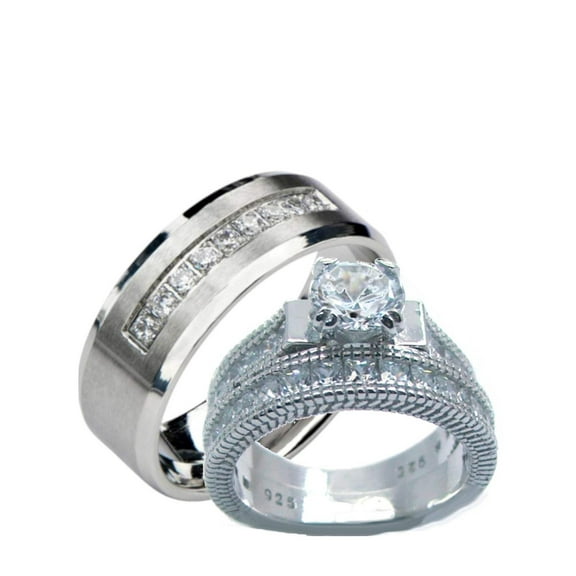 His Hers Cz Engagement Wedding Ring Set Sterling Silver Stainless Steel