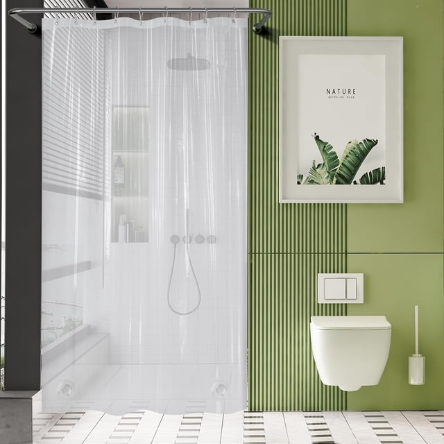 AmazerBath Cortina de ducha de plástico, 71.7 x 78.0 in, PEVA resistente, cortina de ducha transparente, resistente al agua, gruesa, cortina de baño con 3 grandes piedras transparentes ponderadas y 12