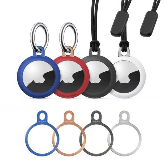 Stouchi 4 Pack AirTag Case Cover with 4 Pack Stainless Steel Keychain, Scratch-Resistant TPU Protective Holder for 2021 AirTag, Loop Secure Key Ring for Keys, Bag, and Pets (Not Include AirTag)