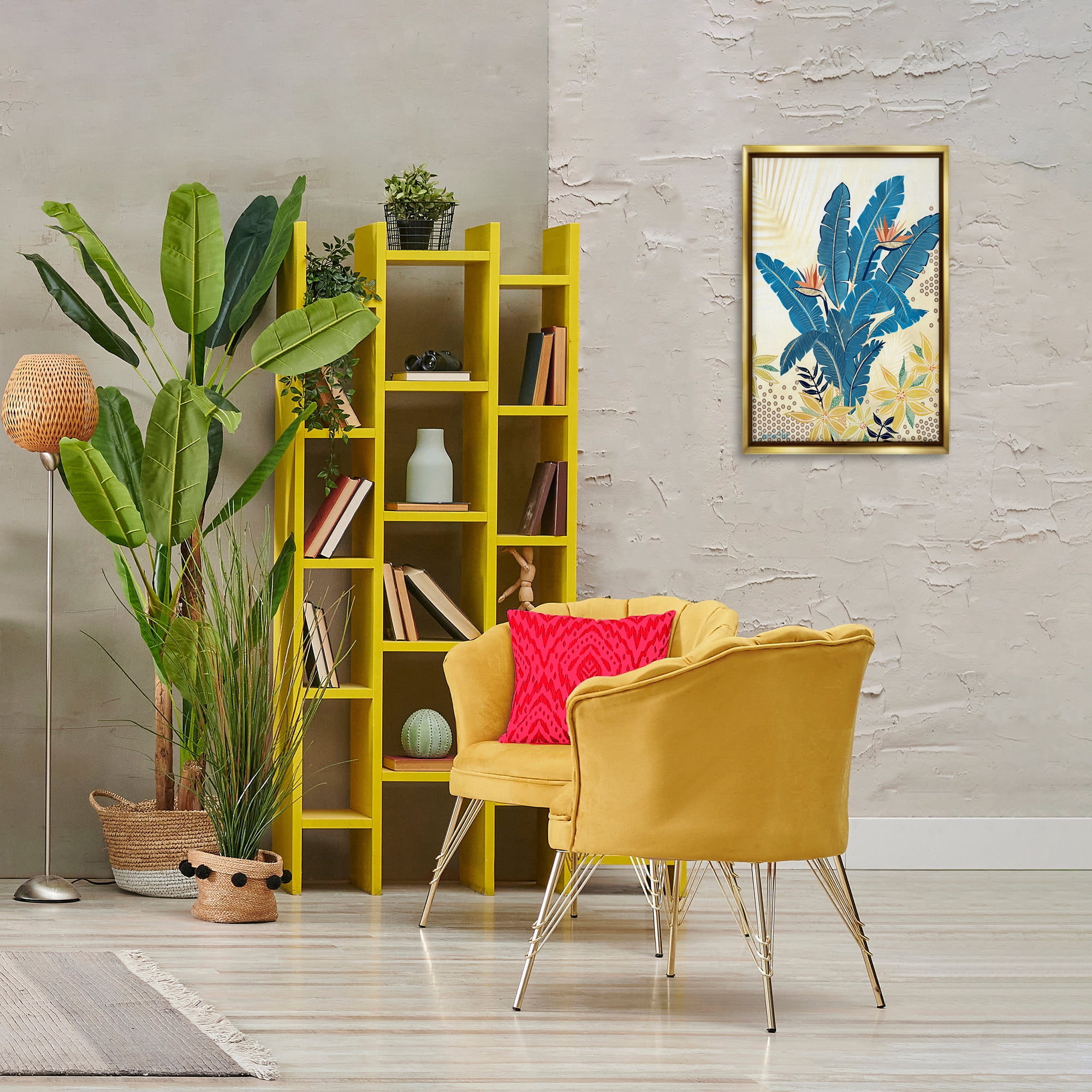 Stupell Industries Blue Birds Of Paradise Botanical & Floral Painting Gold Floater Framed Art Print Wall Art, 17 x 25
