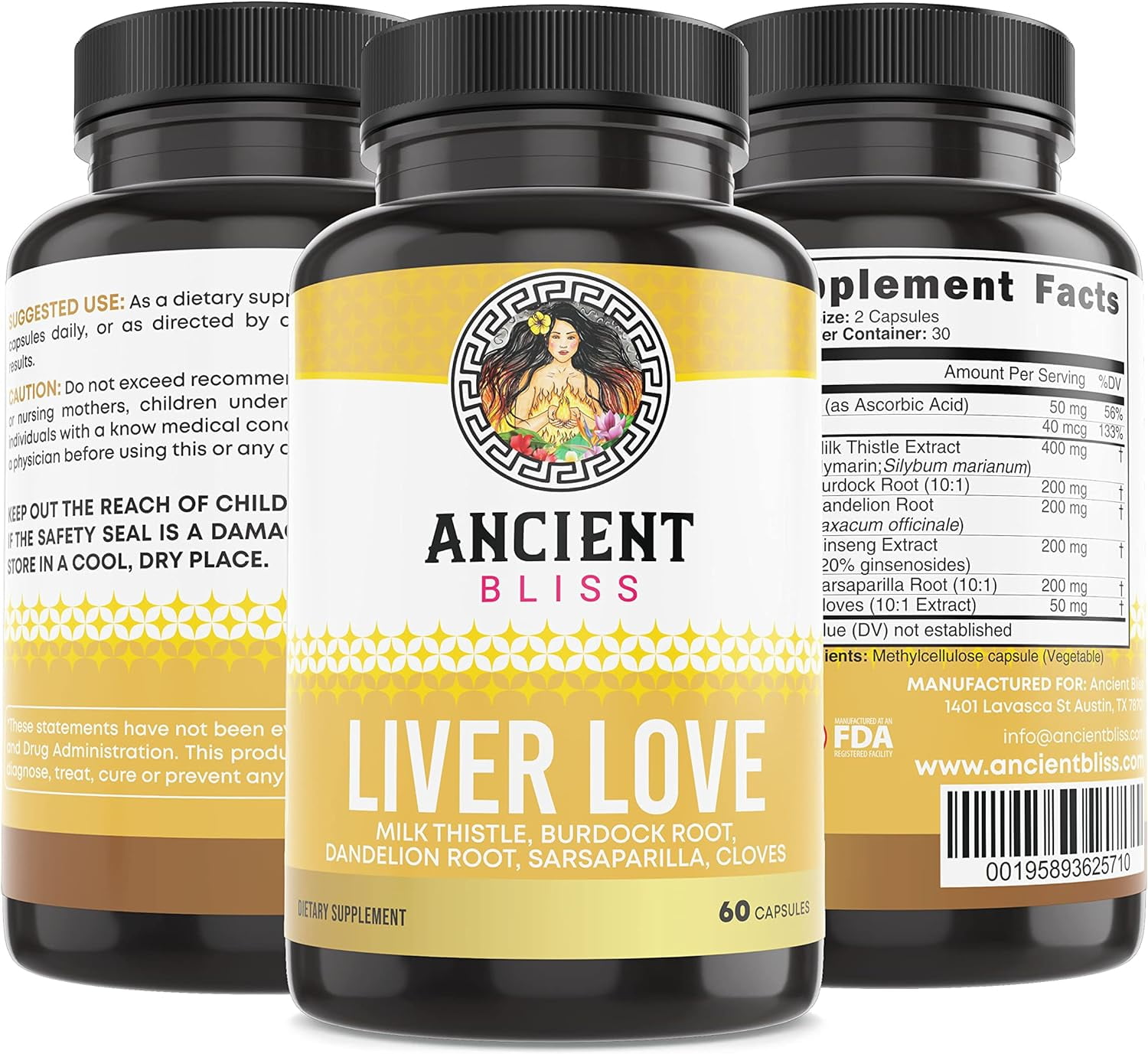 Ancient Bliss Liver Love - Natural Milk Thistle Liver Detox and Liver Health Cleanse Supplement - Support Healthy Liver in Men and Women,60 Capsules - with Burdock, Dandelion.