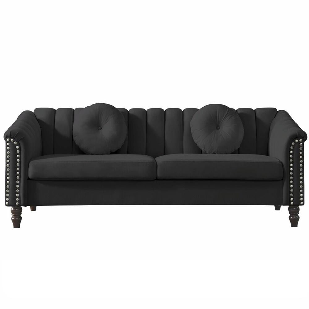 Gewnee Chesterfield Velvet Sofa Couch with Nailhead Trim and 2 Pillows for Living Room,Black