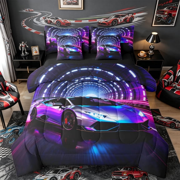 Castle Fairy Neon Sports Car Twin Bedding Sets 7-Piece for Teens, Tunnel Light Speed Bedding Comforter Set for Bedroom, Purple Blue,Black Reversible