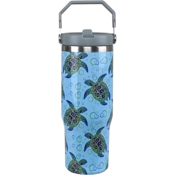 Sea Turtle Tumbler 30oz with Handle - Insulated Stainless Steel Coffee Mug with Flip Straw & Top Handle | Gifts for Women