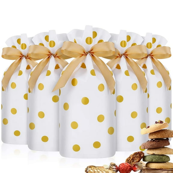 Dsseng 50 Pack Gold Polka Dot Drawstring Candy Bags Plastic Favor Bag Drawstring Cookie Bags for Christmas Wedding Party Birthday Engagement Christmas Holiday Favor