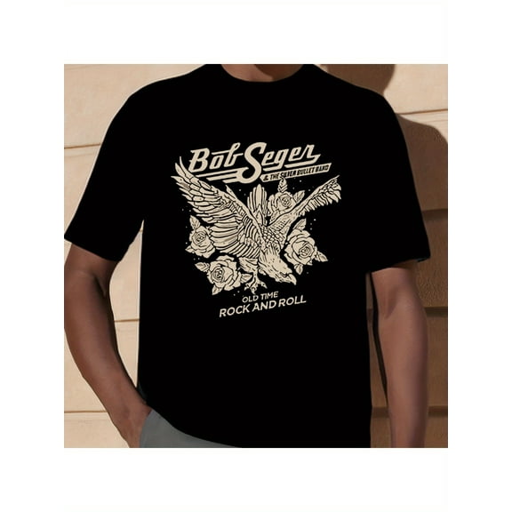 1pc Bob Seger Band Graphic Tee, Men'S Casual Cotton T-Shirt with Crew Neck and Slight Stretch, Applique Detail, Four Seasons Knit Fabric, Regular Fit for Golf and Mature Occasions - Black