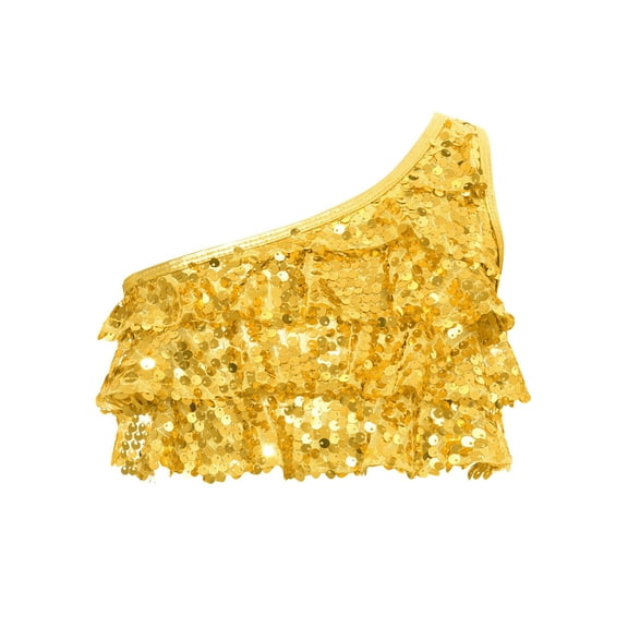 Haitryli Kids Girls One Shoulder Sequins Hip Hop Jazz Ballet Dance Tank Crop Tops Vest Performance Shirt Dancewear Gold 6