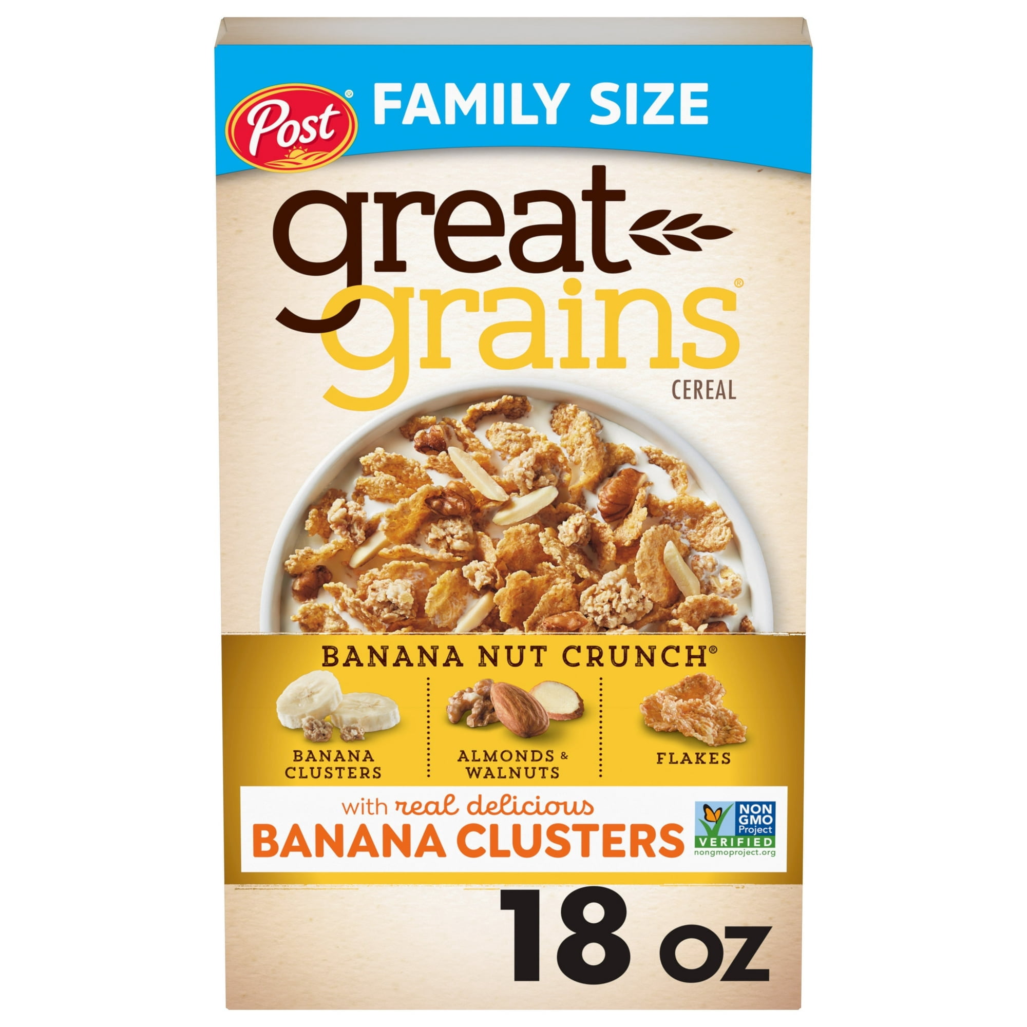 Post Great Grains Banana Nut Crunch, Non-GMO, Heart Healthy,Whole Grain Cereal, Crunchy 18 oz Box(pack of 4)
