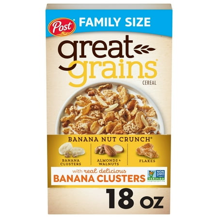 Post Great Grains Banana Nut Crunch, Non-GMO, Heart Healthy,Whole Grain Cereal, Crunchy 18 oz (Pack 4)