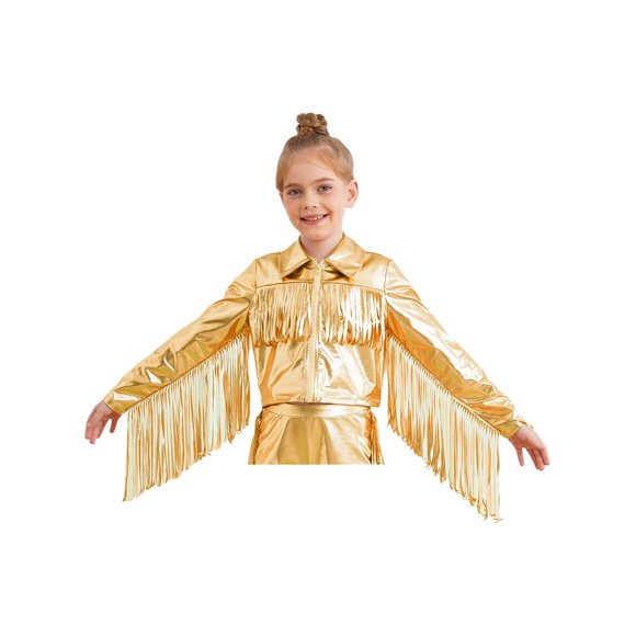 Aislor Kids Girls Sparkly Metallic Tassel Fringe Long Sleeve Hip Hop Jazz Dance Jacket Zipper PU Leather Coat Party Outwear Gold 12