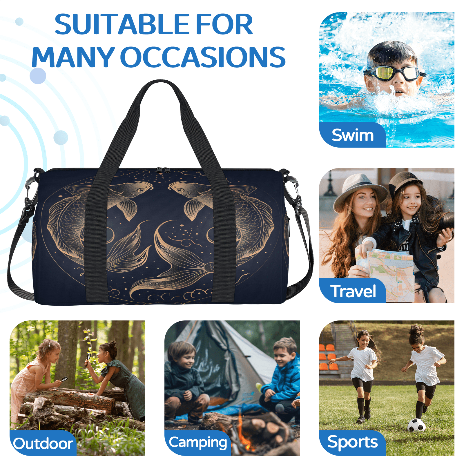 Herdesigns Zodiac Travel Duffle Bag Sports Yoga Weekender Overnight Carry on Workout Bags Lightweight Waterproof Gym Tote Bag for Women Pisces Vintage Fish