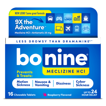 Bonine Non-Drowsy Motion Sickness Relief - Chewable Tablets with Meclizine HCL 25mg - Non Drowsy Medicine for Nausea or Motion Sickness - Cruise Essentials - Raspberry Flavor, 16 Chewable Tablets