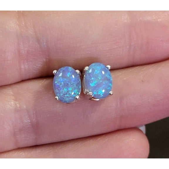 Oval Blue Opal Sterling Silver Earrings OBOSSE