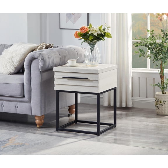 Contemporary Storage End Table with Drawer and Metal Base, White Finish for Living Room Bedroom, 17.75" Wide