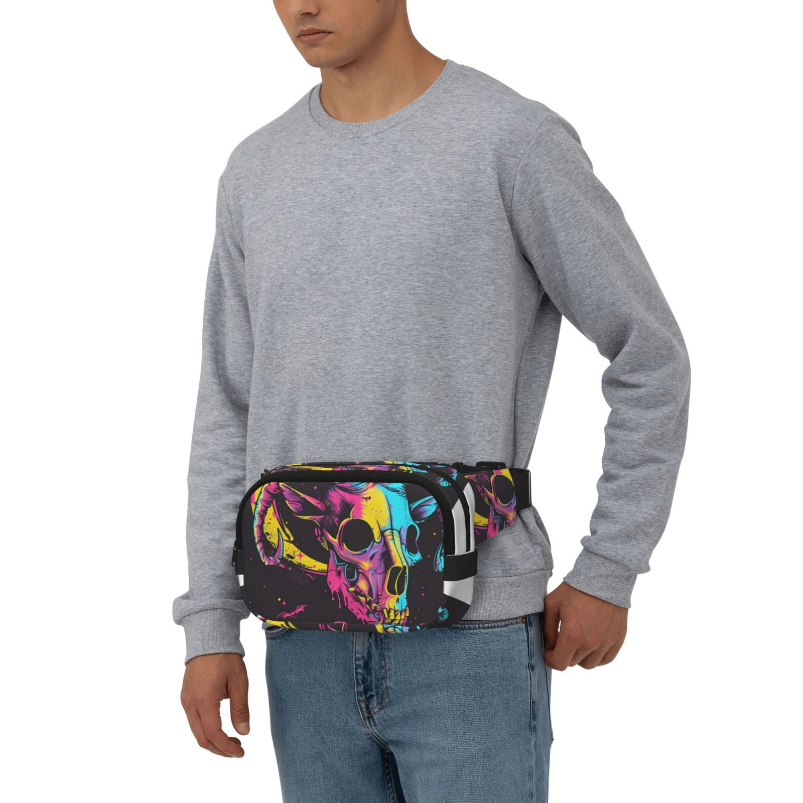 Kuqiui Neon Gothic Skull Moon Print Fanny Packs for Women Cross Body Waist Bag Fashionable Fanny Pack Designer Workout Hiking Waist Pack Running Travel Gym