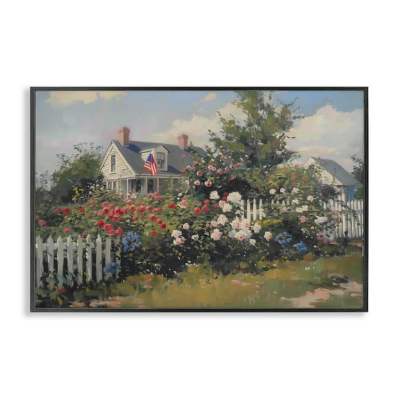 Stupell Industries Patriotic Cottage Garden Landscape & Nature Painting Black Framed Art Print Wall Art, 18 x 12