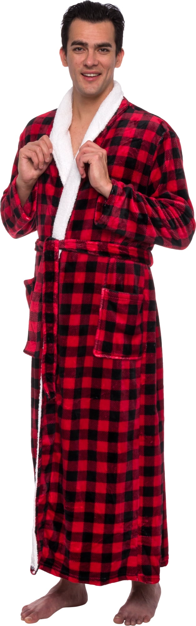 Ross Michaels Mens Robe Big & Tall Long Buffalo Plaid Plush Sherpa