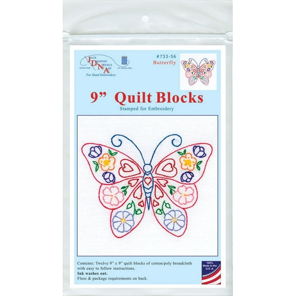 Jack Dempsey Stamped White Quilt Blocks 9"X9" 12/Pkg-Butterfly