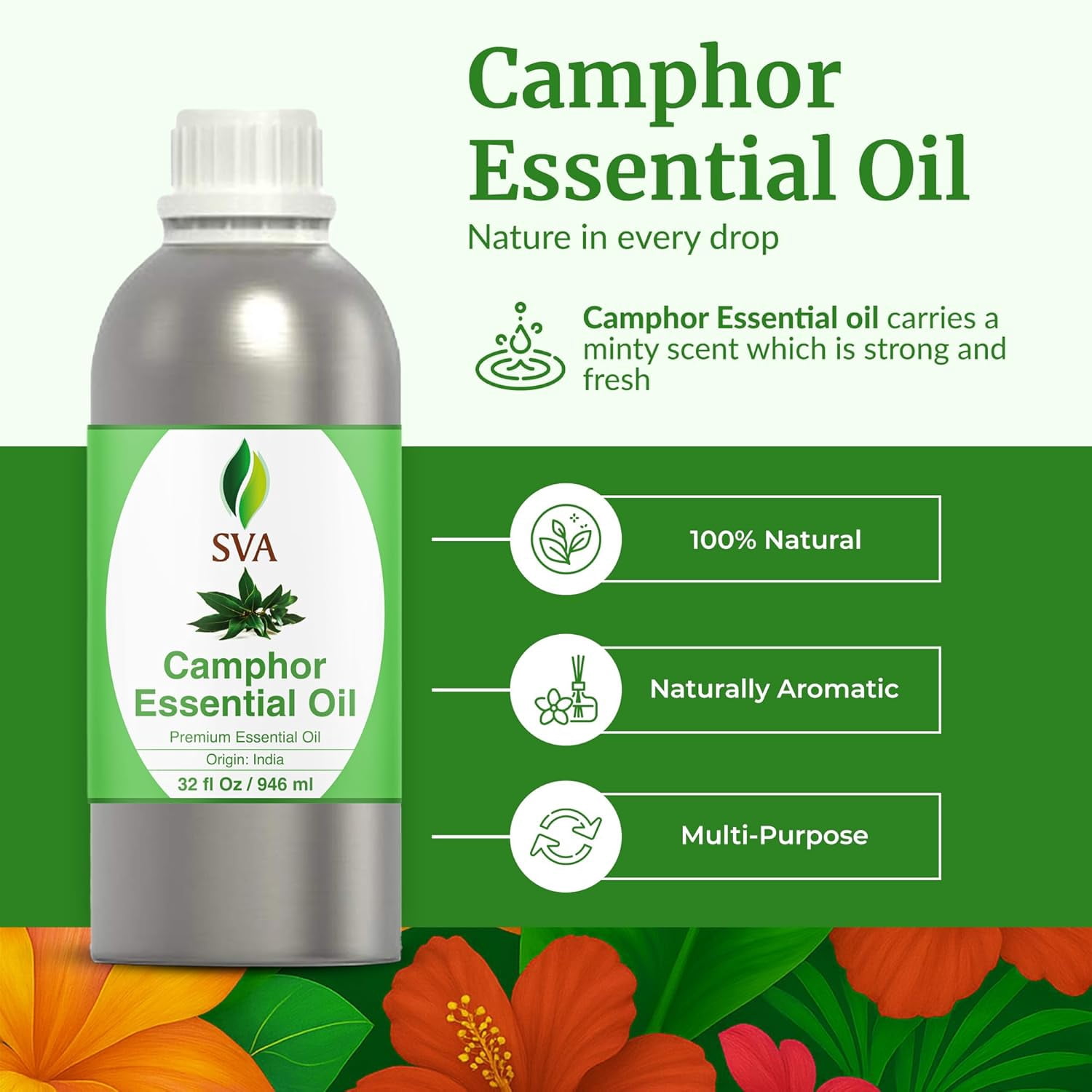 SVA Camphor Essential Oil – 32 Fl Oz – 100% Natural Camphor Oil - for Diffuser, Hair Care, Face, Skin Care, Aromatherapy, Scalp and Body Massage, Soap and Candle Making