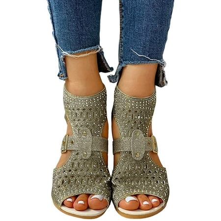 

Womens Sandals Heels Low Women s Hollowed Out Wedge Sandals Open Toe Casual Zipper Sandals Beach Summer Rhinestone Sandals