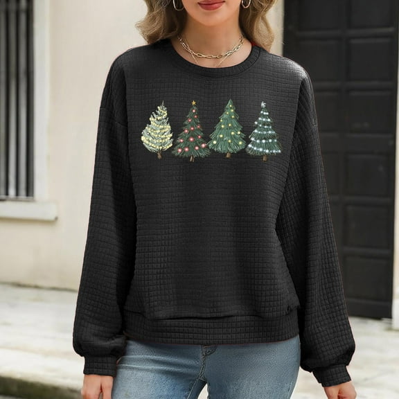 Waffle Christmas Sweatshirt Womens Christmas Tree Printed Crewneck Sweaters Pullove Loose Casual Shirts Holiday Long Sleeve Tops Xmas Gifts