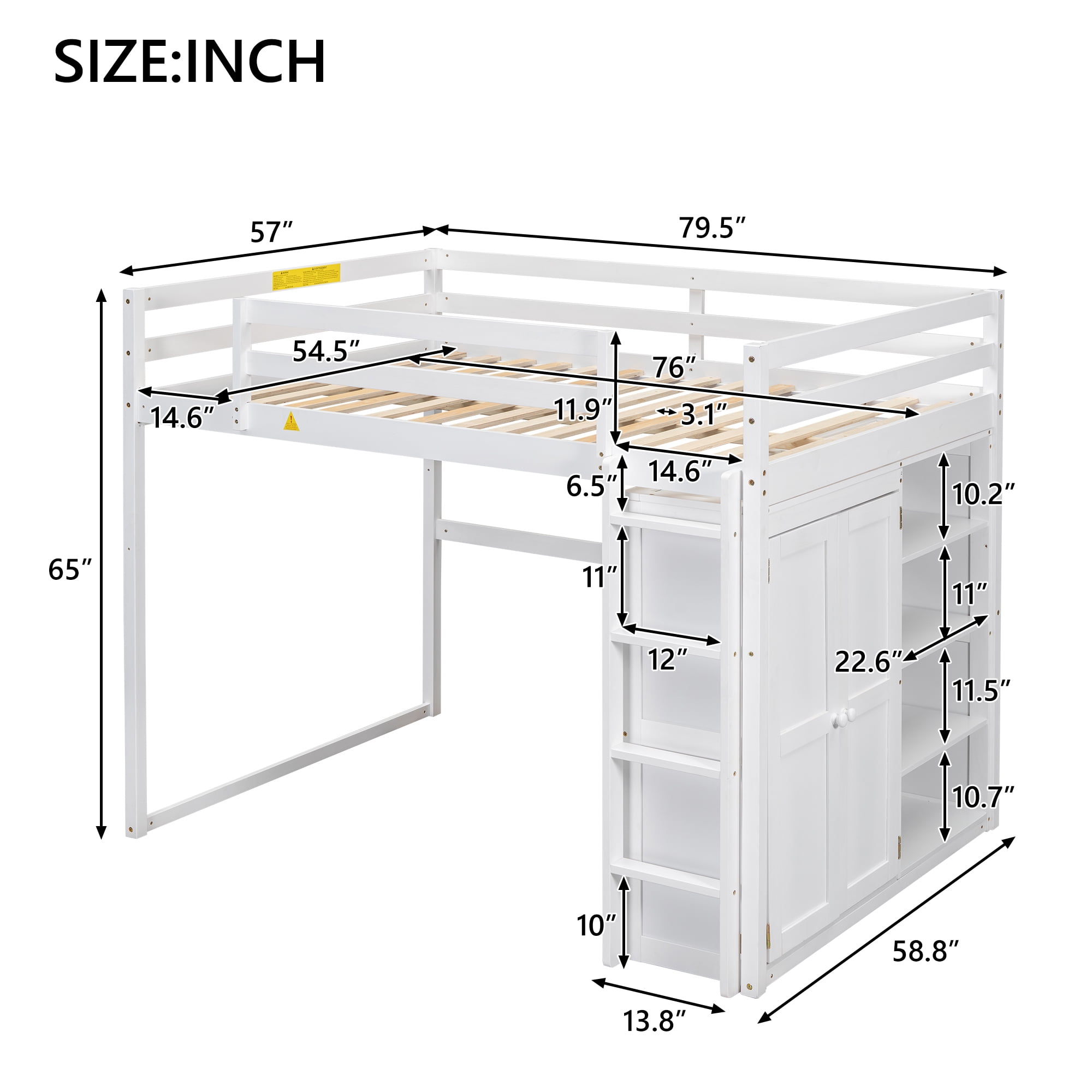 Euroco Wood Full Size Loft Bed with LED Light, Bookcase and Wardrobe, Storage Shelf for Kids Teens, White