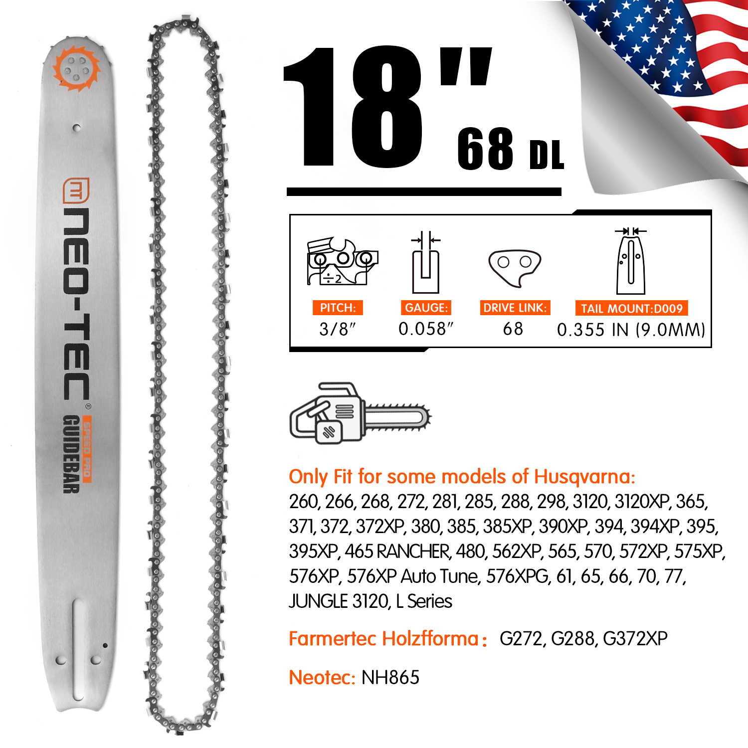 NEOTEC 18" Chainsaw Guide Bar Combo 3/8'' 0.058" 68DL For Husqvarna 266