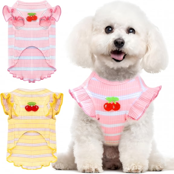 GASTROPOD 2 Pack Striped Small Dog T Shirt Cute Cherry Girl Dog Clothes for Small Dogs Cats Breathable Soft Cotton Pet Puppy Sleeveless Vest Spring Summer Doggy Outfits(Pink Yellow,Small)