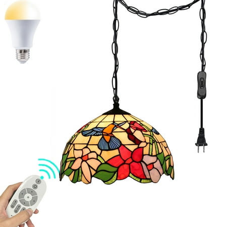 

FSLiving Remote Cotrol Plug-in Swag Pendant Lighting UL On/Off Switch Cord with Iron Chain Tiffany Colorful Handmade Glass Shade Antique Chandelier for Decor Stepless Dimming & Color Changing - 1 Pack