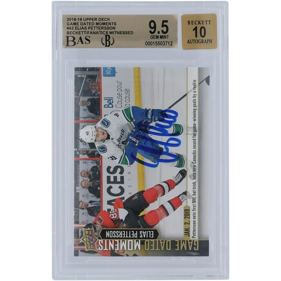 Elias Pettersson Vancouver Canucks Autographed 2018-19 Upper Deck Game Dated Moments #42 Beckett Fanatics Witnessed Authenticated 9.5/10 Rookie Card - Fanatics Authentic Certified
