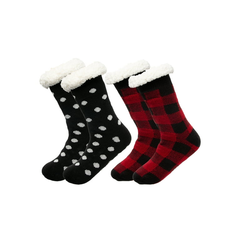 Treehouse Knit (2 Pack) Colorful Womens Thick Knit Winter Sherpa Fleece Slipper  Socks Grippers 