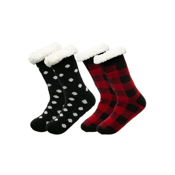 DG Hill Treehouse Knit (2 Pack) Womens Thick Knit Sherpa Fleece Slipper Socks Grippers