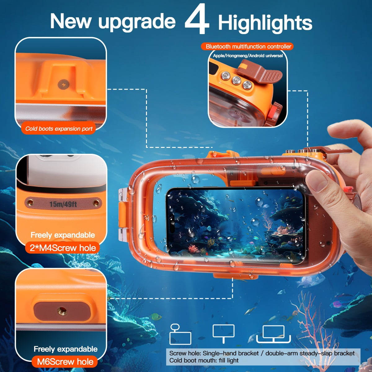 Universal Diving Waterproof Phone Case, Underwater Wireless Connection Photo Video for Surfing Swimming Snorkeling Compatible for iPhone/Galaxy/Google/Motorola Orange