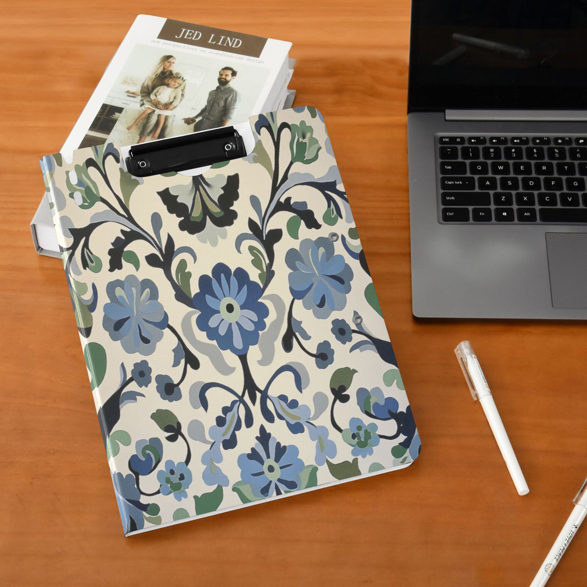 FORMRS A4 Clipboard Folder with Pen Holder Horizontal Foldable School Office Binder, Blue Floral