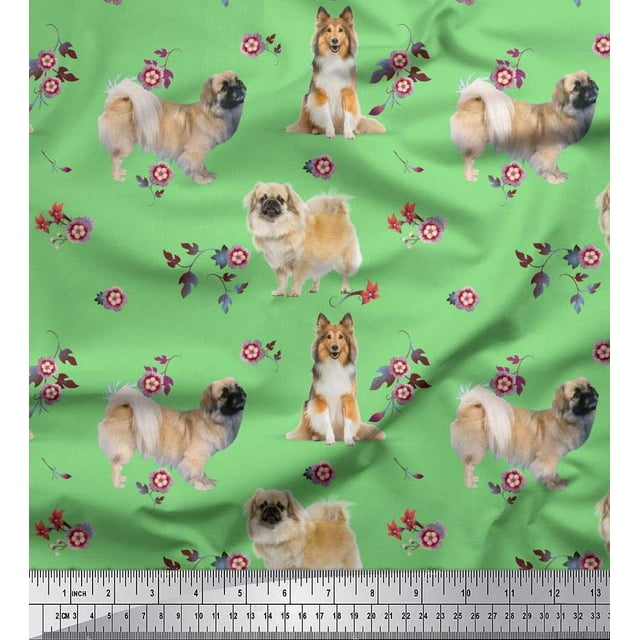 Soimoi Rayon Fabric Floral,Sheltie & Pekingese Dog Print Fabric by The Yard 42 Inch Wide