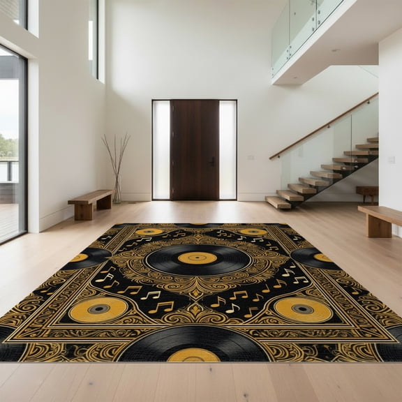 Design&I 8'x10' Washable Area Rug Cd Record Vintage Note Mosaic Retro Disc Center Soundwave Music Vinyl Refined for Living Room, Family Extra Large Skid-Resistant Low Profile