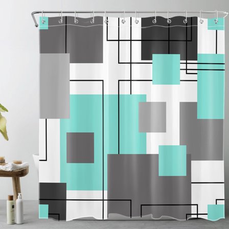 HVEST Abstract Geometric Shower Curtain, Teal Gray White Abstract Pattern Shower Curtain - Modern Geometric Bathroom Decor, Waterproof Polyester Fabric, Includes 12 Hooks, 72x72 Inches