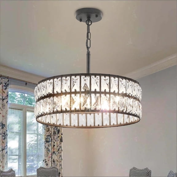 Modern 5-Light Drum Crystal Chandelier, Black Metal Ceiling Light Fixture with K9 Prisms for Dining Room, Living Room & Foyer