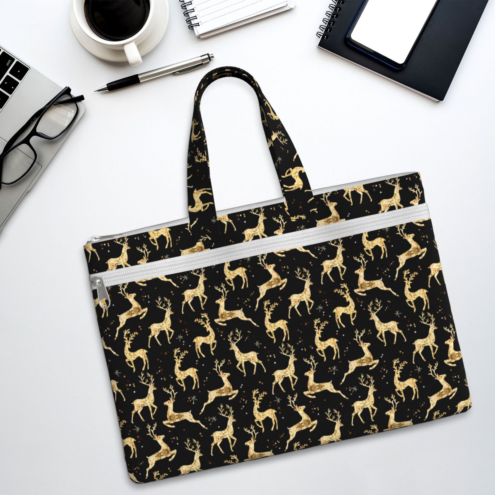 Kdxio Christmas Gold Deers File Tote Document Bag Business Briefcase Bag Document Organizer Tote Briefcase for Letter A4 Files Business Teacher Office Bag