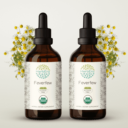 HerbEra Feverfew Tincture, Organic Herbal Dietary Supplement for Nervous System Balance, Certified Organic Feverfew (Tanacetum parthenium) Dried Herb Extract, Natural, Alcohol-Free, Drops 2x4 oz