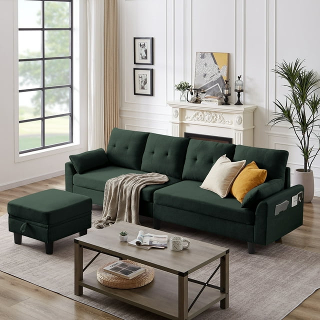 Pingliang Home Canapé Sectionnel Convertible avec Ottoman de Rangement Réversible et Poches Latérales, Canapé en L 4 Places avec Profondeur de Siège 19.3 Pouces et Repose-Pieds pour Salon Bureau Appartement, Vert