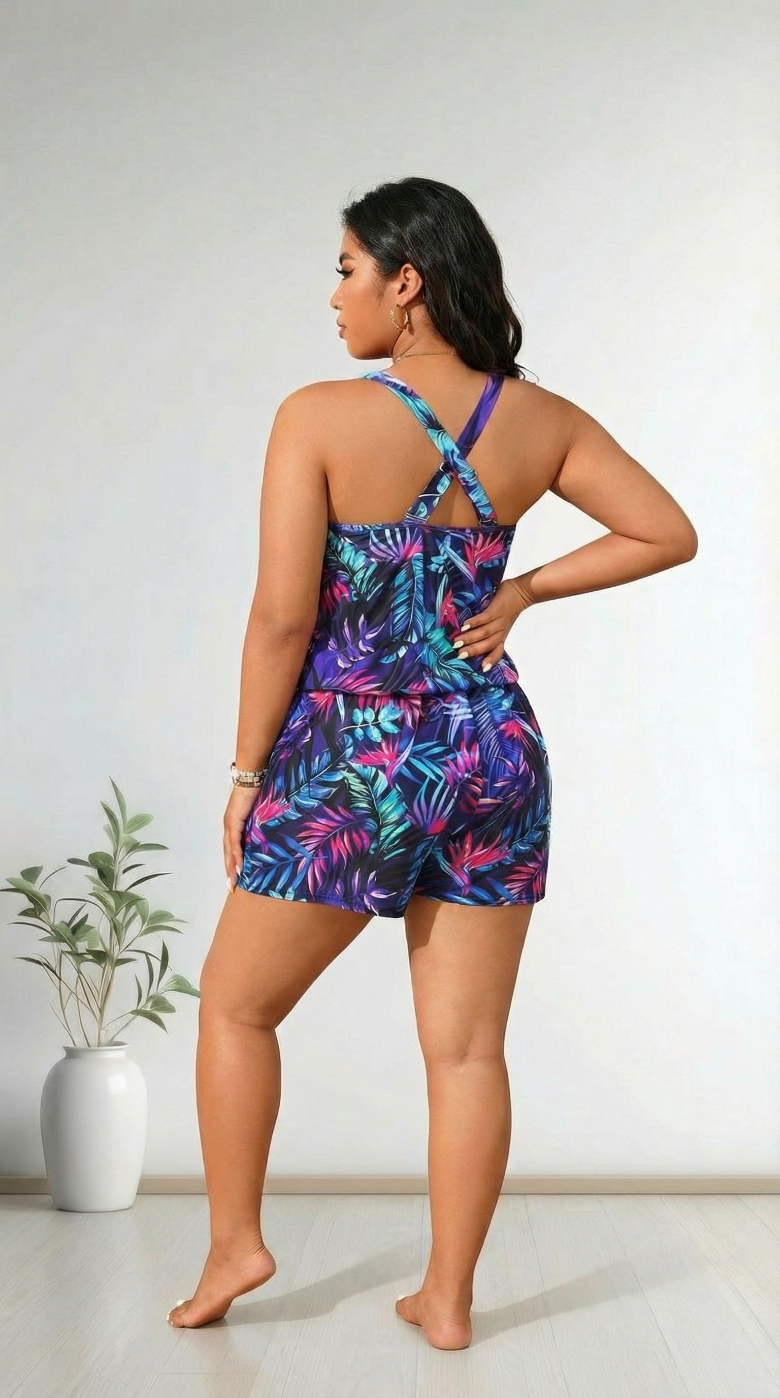 Plus Size Swim Romper Modest Swimsuits for Women One Piece Bathing Suit Shorts Swim Suit with Pockets