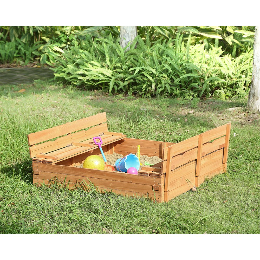 Kids Cedar Sandbox, Wooden sandbox with 2 Foldable Benches by Naomi