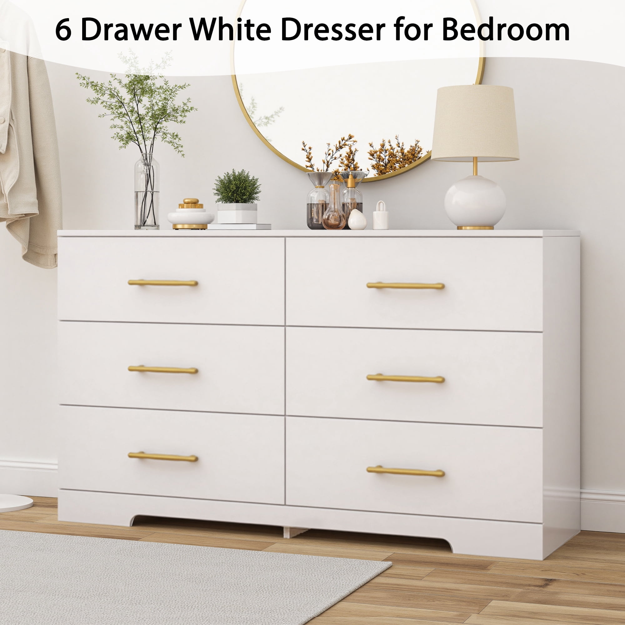 6 Drawer Dresser, Modern Dresser for Bedroom with Spacious Countertop, Wood Storage Cabinet for Bedroom, Living Room, Entryway,White