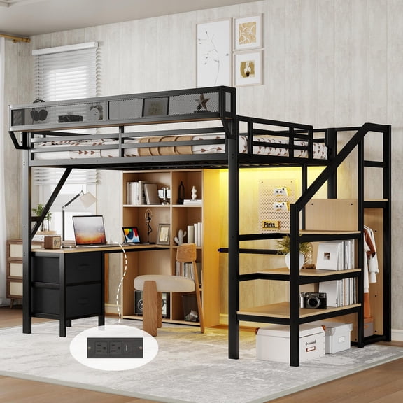 Mirightone Full Size Loft Bed with Desk and Stairs, 500 lb Capacity Heavy Duty Metal Loft Bed Frame with Wardrobe, Upper Shelf, LED Lights & Charging Station, Black