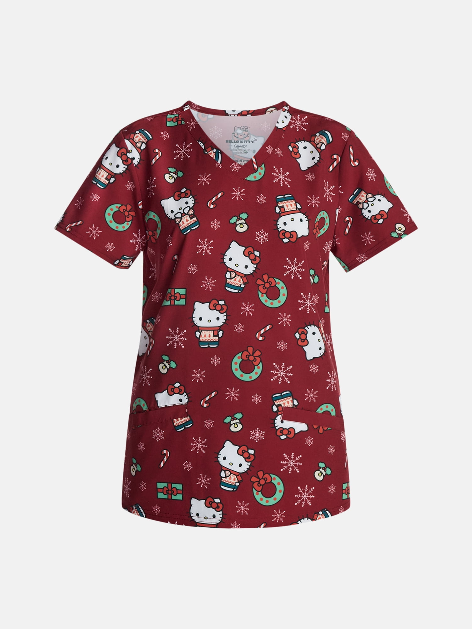Hello Kitty Women's Holiday Scrub Top with Short Sleeves, Sizes S-XXXL